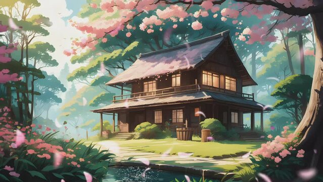 house and big cherry tree in a fantasy forest with falling flowers. Cartoon or Japanese anime illustration painting style. seamless looping 4K virtual video animation background.