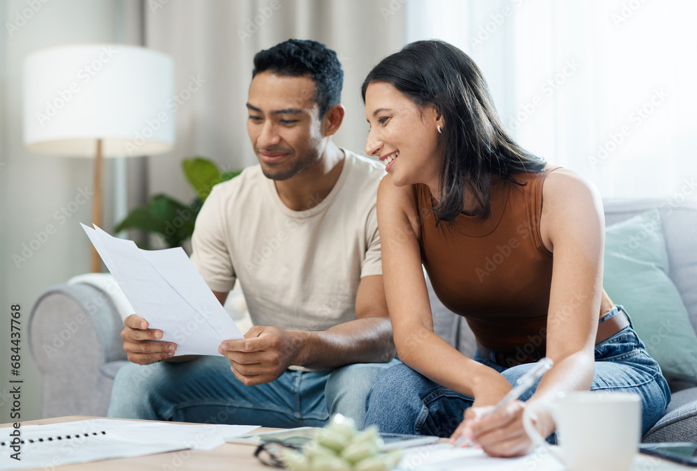 Sticker Happy couple, documents and finance on sofa in budget planning, expenses or bills together at home. Man and woman smile with paperwork in living room for loan, financial plan or insurance at house