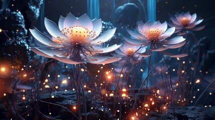 Blossoming 3D digital flowers composed of intricate circuitry, forming a fusion of technology and nature in a mesmerizing futuristic garden.