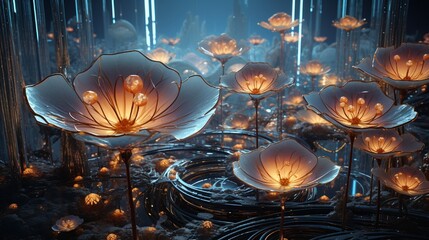 Blossoming 3D digital flowers composed of intricate circuitry, forming a fusion of technology and nature in a mesmerizing futuristic garden.