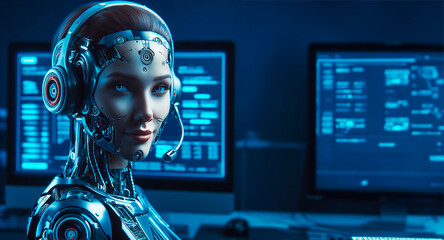 Asistente de tecnología artificial. Mujer chatbot - obrazy, fototapety, plakaty