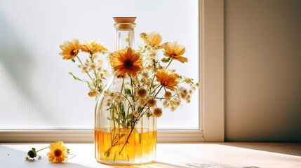 A round glass bottle sits on a table With Flowers
