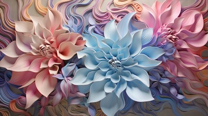 Cascading ribbons of iridescent 3D flowers twirling and spiraling, weaving an entrancing tapestry of mesmerizing patterns.