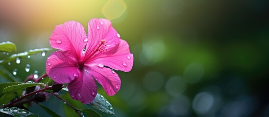 In the lush garden, amidst vibrant green foliage, a beautiful pink flower bloomed, its delicate petals glistening with droplets of water, mirroring the vibrant colors of summer and the inherent beauty