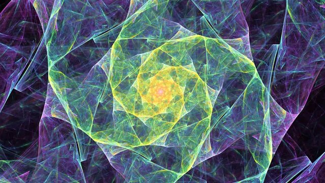 Neon colored constructions moving, rotating, forming spiral around center on dark. Abstract motion background with fractal glowing pattern changes and fluorescent illumination. 4K UHD 4096x2304