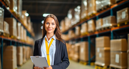 Portrait of a confident caucasian businesswoman standing with clipboard in distribution warehouse, showcasing her leadership skills, efficiency, and expertise in logistics and supply chain management - obrazy, fototapety, plakaty