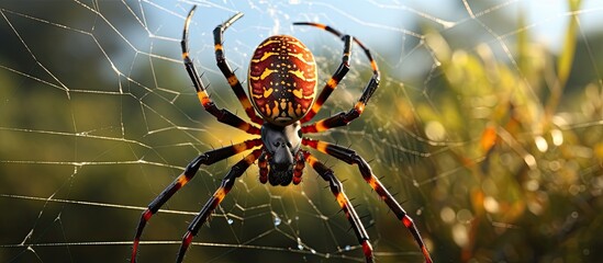 In City, amidst the expansive and diverse macro nature, a keen photographer captured the intricate beauty of an ugly yet fascinating orb weaver spider, a native Cityn spider, in its glistening web - obrazy, fototapety, plakaty