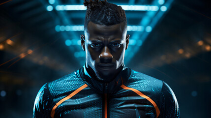 Advertising sports photography. Close-up Portrait of black male athlete with dramatic lighting and...