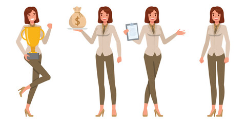 Fototapeta premium Set of working woman wear brown suit character vector design. Presentation in various action. Businesswoman working in office planning, thinking and economic analysis on isolated white background.