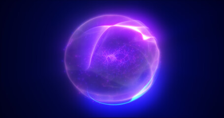 Fototapeta na wymiar Energy purple blue magic sphere, futuristic round high-tech ball bright glowing atom made of electricity, background