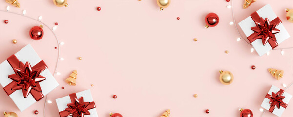 Christmas banner. Background Xmas design of sparkling lights garland, with realistic gifts box, glitter gold confetti. Horizontal New Year poster, greeting card, header, website. 3d render