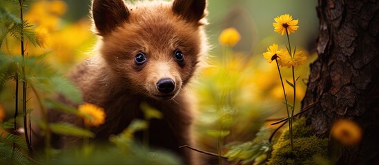 In the lush Canadian forest, a young bear cub eagerly explores the vibrant summer colors of nature, making the park its playground, a cute baby mammal brimming with sweetness. - obrazy, fototapety, plakaty