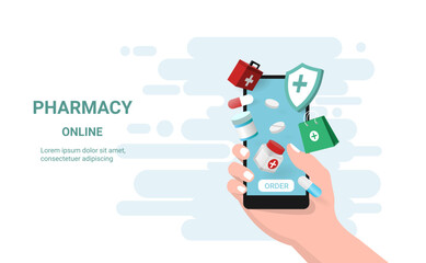 Online pharmacy with first aid kit on mobile. Medicine Ordering Mobile App. Concept of healthcare, Online diagnostics, Online medical consultation, drugstore and e-commerce. 3d vector illustration - obrazy, fototapety, plakaty