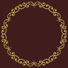 Oriental round frame with arabesques and floral elements. Floral brown and golden border with vintage pattern. Greeting card with circle and place for text