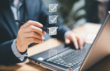 Business performance evaluate checklist review, businessman using pen computer online checklist survey, fill check digital report form checklist, assessment, questionnaire, evaluation, online survey