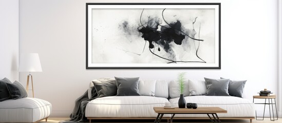 In the art gallery, an abstract monochrome watercolor painting, featuring a black ink design with grunge texture, hung on the white wall as a modern retro icon of contemporary art. - obrazy, fototapety, plakaty