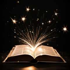 Sparkles exploding from pages of an open book on black