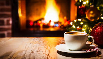 cup of coffee on the table in front of fireplace with Christmas decoration