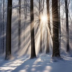 Winter forest with glowing sunbeams and snowflake