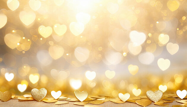 golden glowing hearts bokeh background, Valentine day love