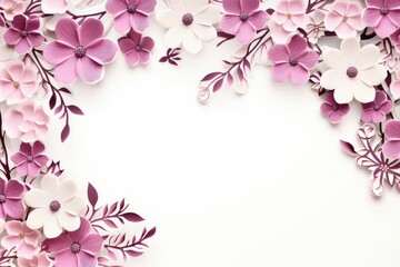 Paper cut blossom flowers frame, spring nature background. Floral banner, poster, flyer template