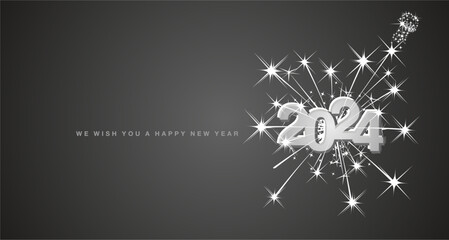 Happy New Year 2024 eve modern design with light big explosion of double stars and champagne sparkle firework. Reflection shape from White silver to black for 2024. New Year 2024 on black greeting car - obrazy, fototapety, plakaty