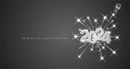Fotobehang Happy New Year 2024 eve modern design with light big explosion of double stars and champagne sparkle firework. Reflection shape from White silver to black for 2024. New Year 2024 on black greeting car © simbos