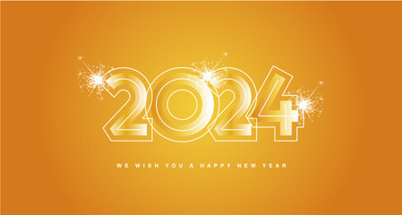 We wish you Happy New Year 2024 modern trendy design numbers with line neon numbers over and sparkle firework abstract white orange yellow greeting card