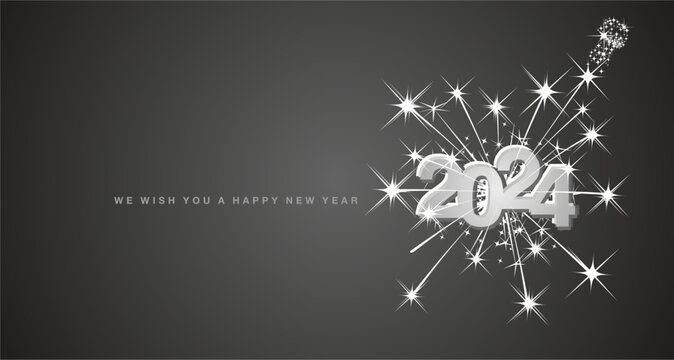 Happy New Year 2024 Eve Modern Design With Light Big Explosion Of Double Stars And Champagne Sparkle Firework. Reflection Shape From White Silver To Black For 2024. New Year 2024 On Black Greeting Car