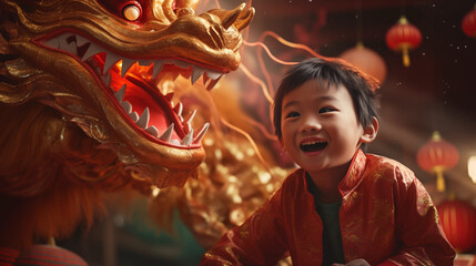 A boy celebrate in Chinese New Year in red and gold tone in 3Dstyle - obrazy, fototapety, plakaty