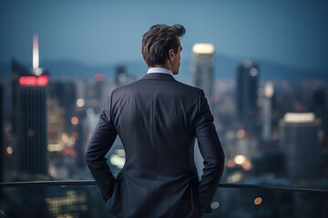 Rear view of successful businessman looking the city