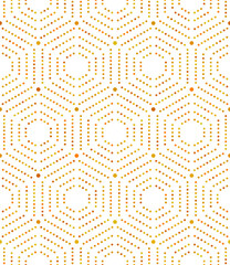 Geometric repeating ornament with golden hexagonal dotted elements. Geometric modern ornament. Seamless abstract modern pattern