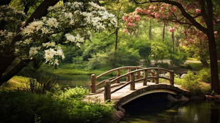 A quaint wooden bridge surrounded by lush greenery, creating an idyllic setting for a tree branch flower photo overlay.