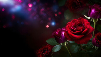 Beautiful red roses on dark glowing background with copy space