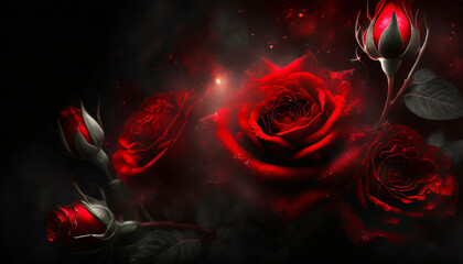 Beautiful red roses on dark background with copy space