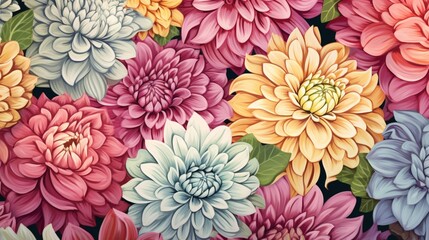 A seamless pattern adorned with hand-drawn dahlia blooms in cheerful hues, creating a lively and inviting floral design.