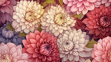 A seamless pattern featuring a variety of hand-drawn dahlia flowers, each petal carefully illustrated to capture their unique charm.