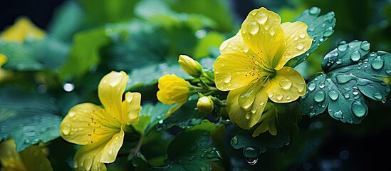 In the lush garden, a beautiful green plant with yellow flowers stood tall, its leaves glistening with dewdrops, exuding a fresh and wet fragrance.