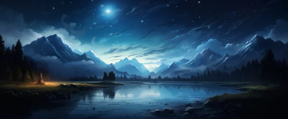  A tranquil night sky filled with stars and a blue moon casting a soft glow over a dark landscape. © Naseem