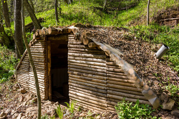 Forest dugout built from logs and branches. Wilderness Survival