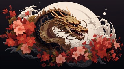 A vector icon of a dragon rendered in a Japanese style, accompanied by brush strokes, plum...