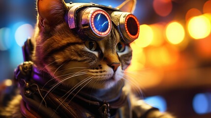 Funny cat in aviator helmet and glasses. Portrait of a cat in a spacesuit