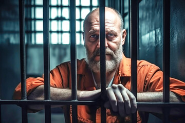 A middle-aged prisoner in an orange uniform sits in a prison cell. The criminal serves his sentence in a prison cell. A prisoner behind bars in a prison or detention center. - obrazy, fototapety, plakaty