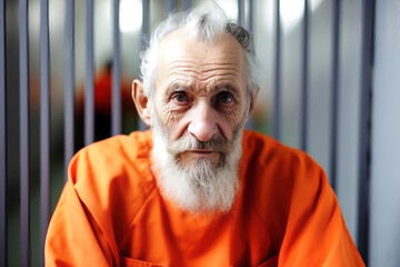 An elderly criminal in an orange uniform sits on a prison bed and thinks about freedom. A guilty prisoner in a pre-trial detention center or correctional facility.