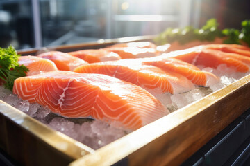A production line of fresh salmon fillets at a fish processing factory. Close-up.
