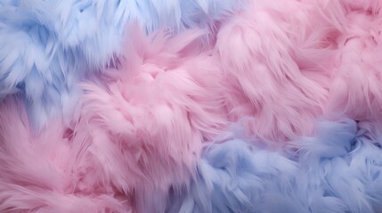 A visually appealing photograph that captures the essence of fluffy eco fur, adorned in delicate baby pink and blue hues, creating an abstract and whimsical texture reminiscent of cotton candy.
