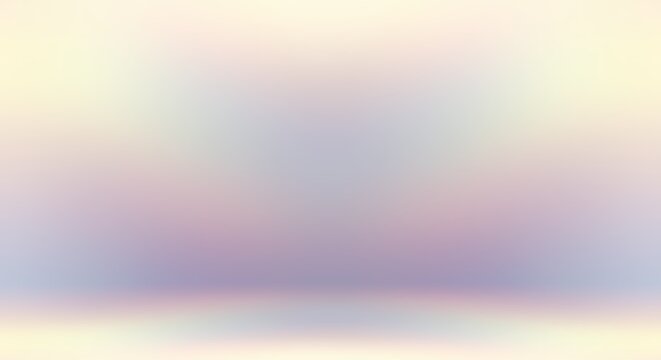 Pastel iridescent empty room 3d background. Light subtle holographic banner. Defocused surface of wall and floor.