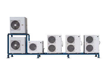 Many air conditioner condensers (outside unit) on white background. Air conditioner maintenance and repair service at home or office. AC maintenance. Air compressor outside building. Clipping path.