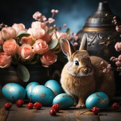 Adorable Bunny with Red Easter Eggs and Spring Flowers