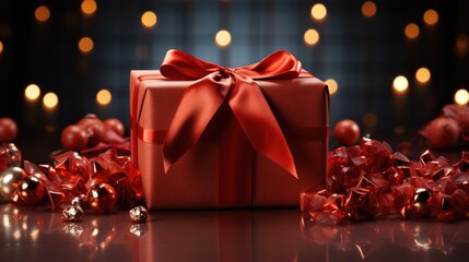 Red Gift Box with Elegant Ribbon and Festive Decorations